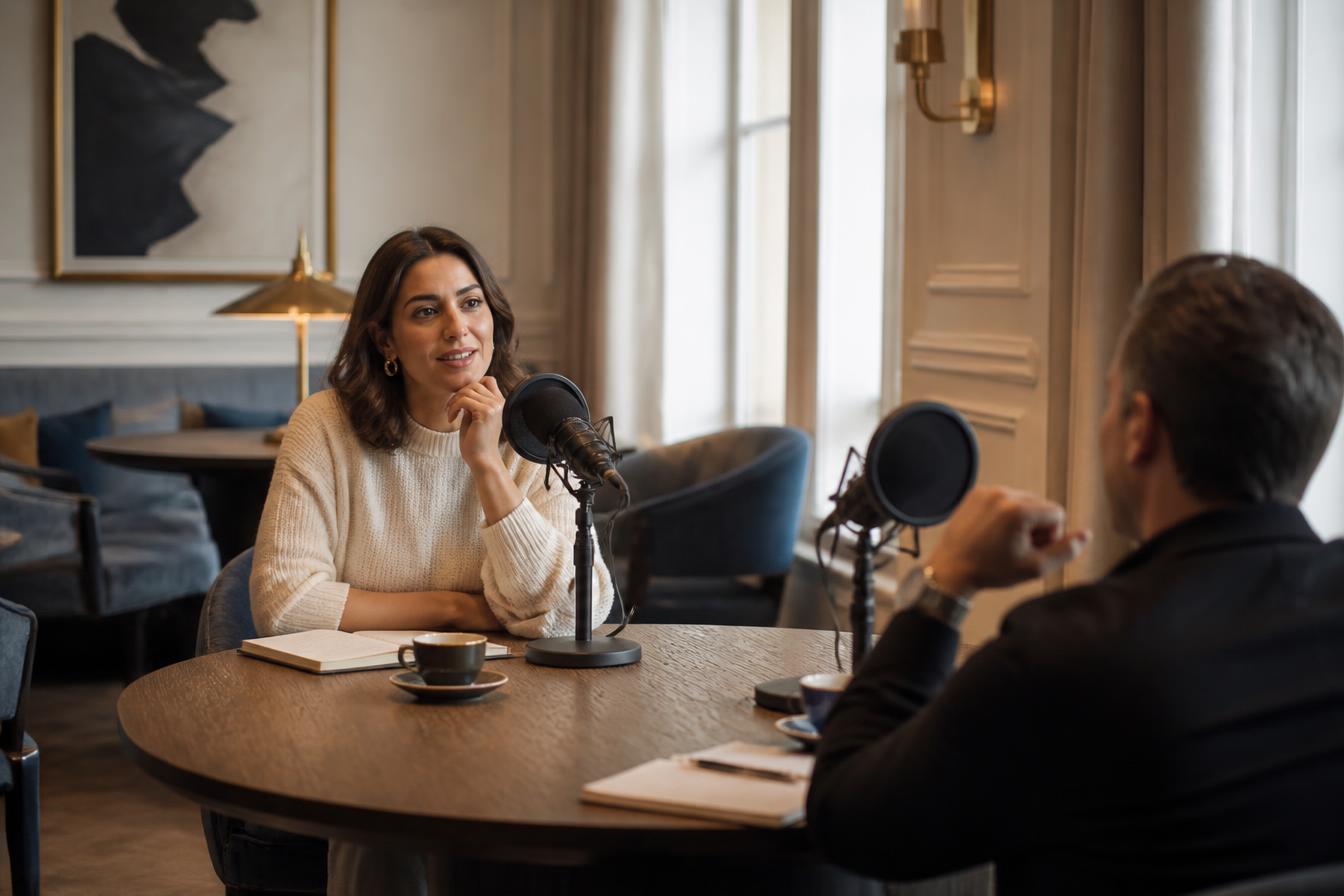 Two members recording a conversation at a small table with microphones.