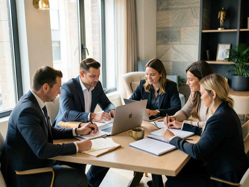 Professionals working together at a conference table in a modern office