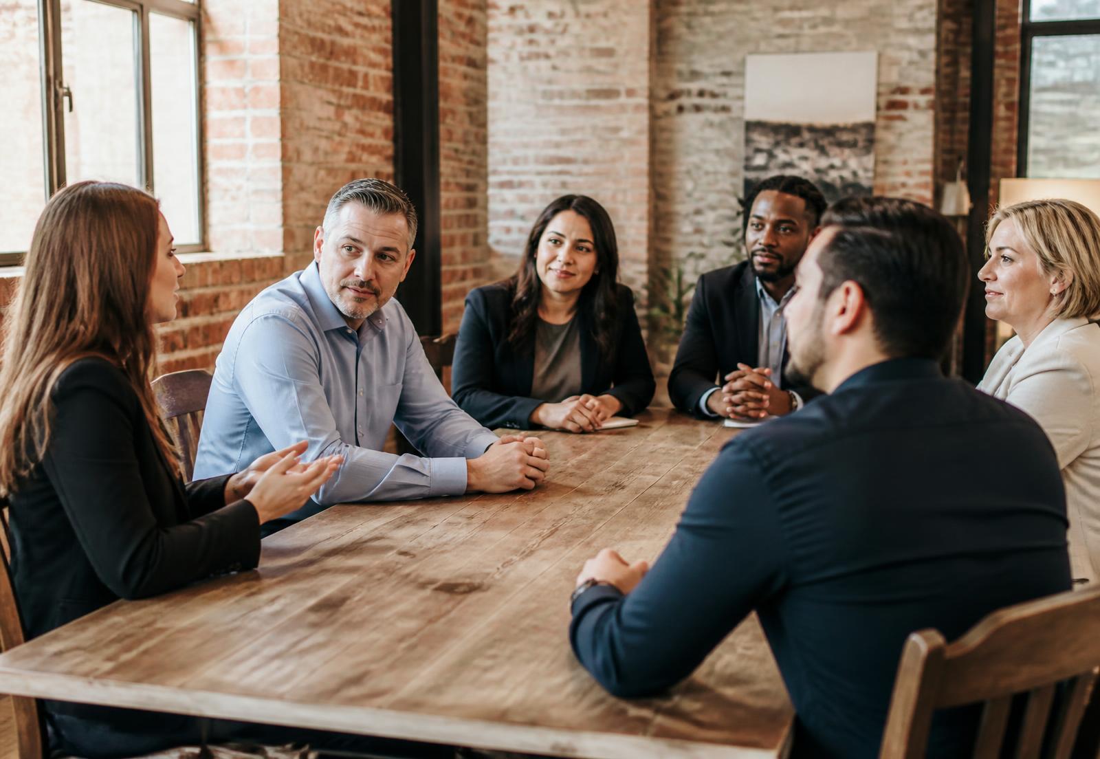 Members of The Collective talking together around a wooden table in a brick loft