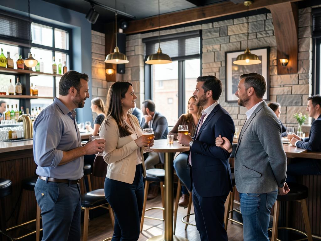 Members talking and visiting over drinks at a bar and grill